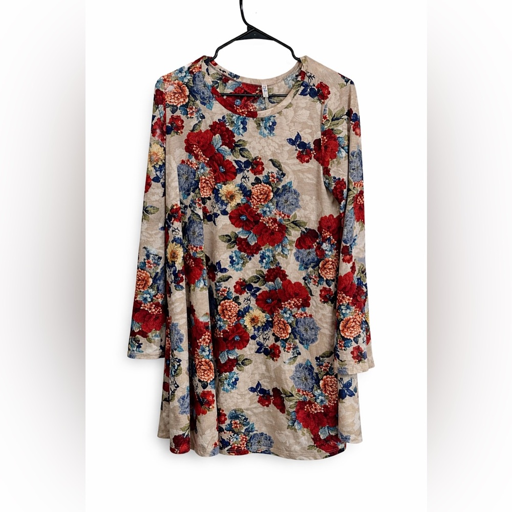 Floral Swing Tunic Dress Women’s Medium Cream Red Blue Long Sleeve Casual